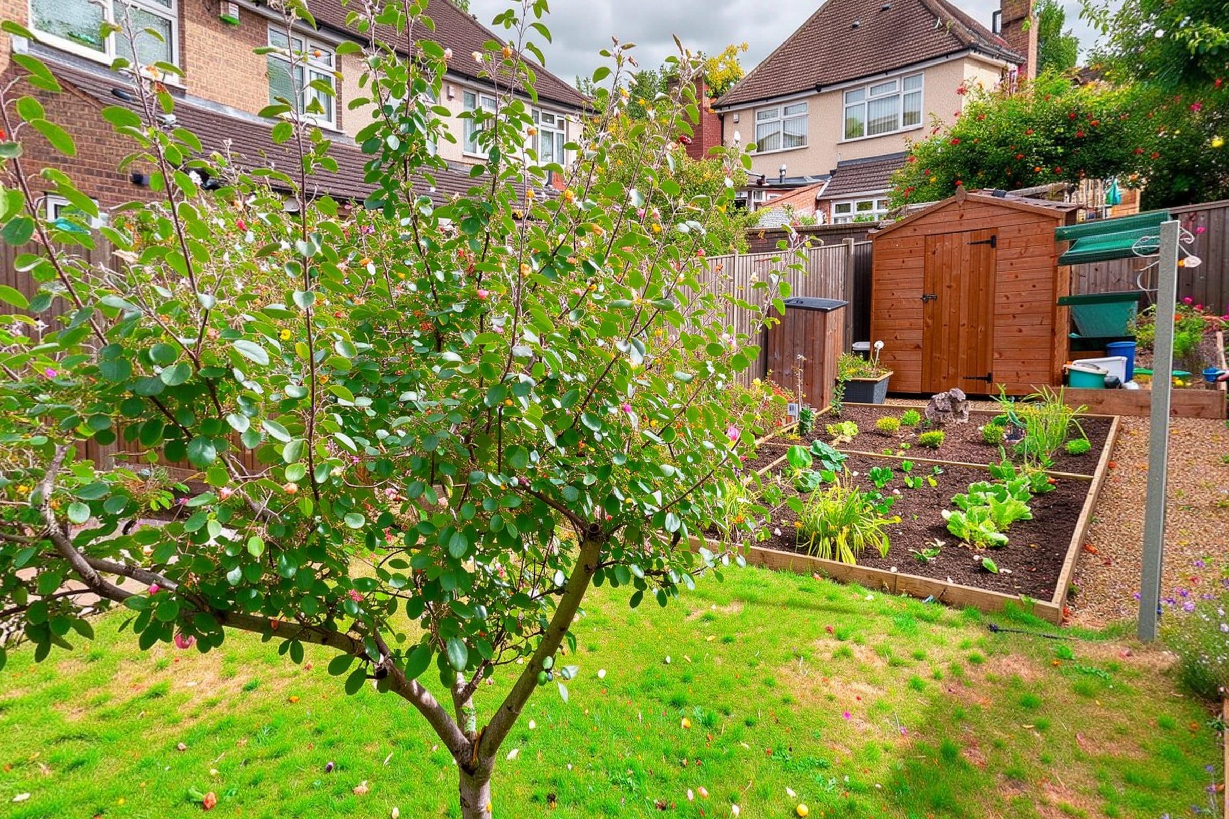 Lawn, apple tree and vegetable beds