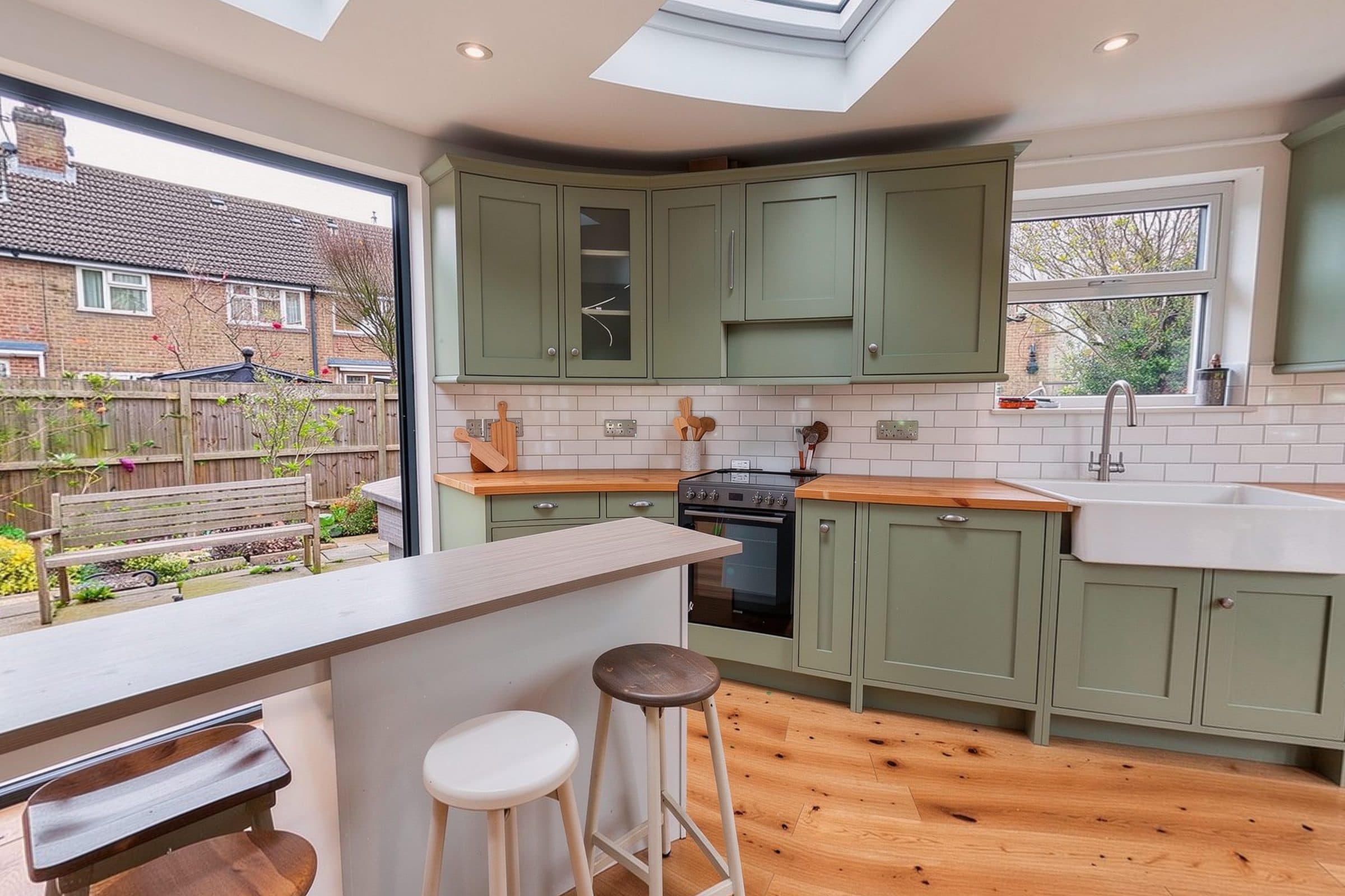Sage green shaker kitchen with island and roof lights