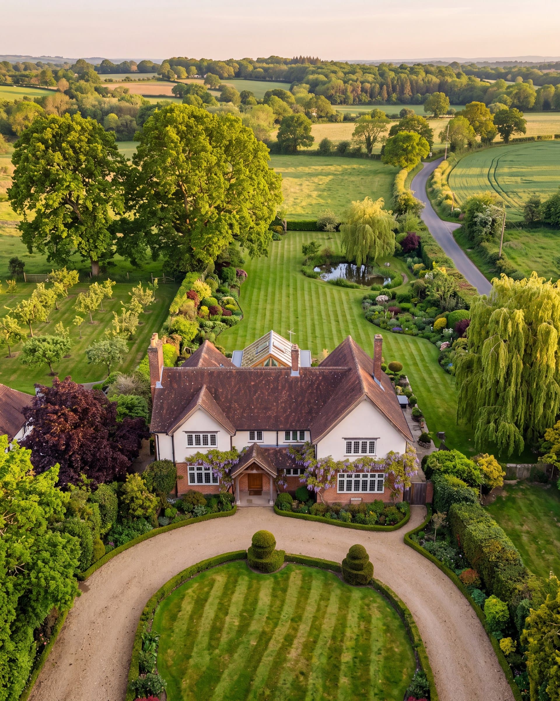 Aerial view of Wisteria House, its gardens and the countryside beyond