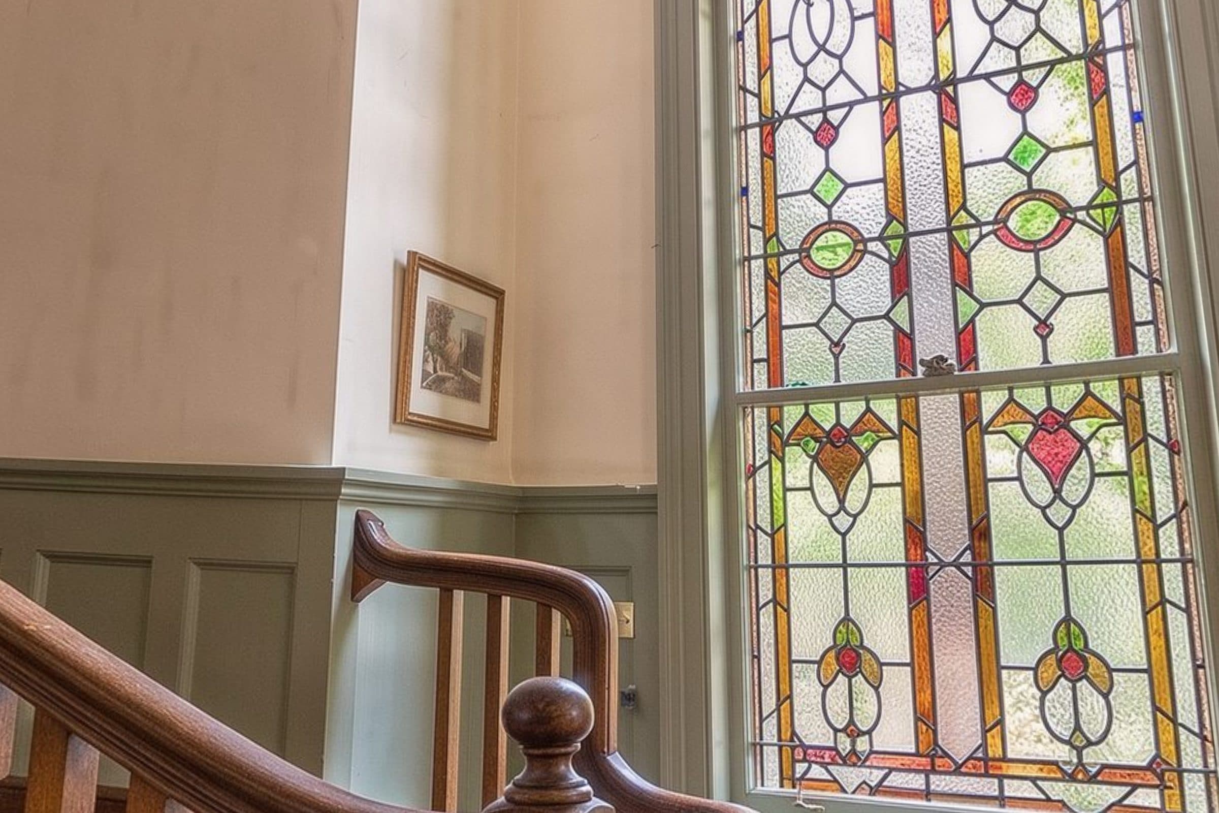 Stained glass window on the half landing