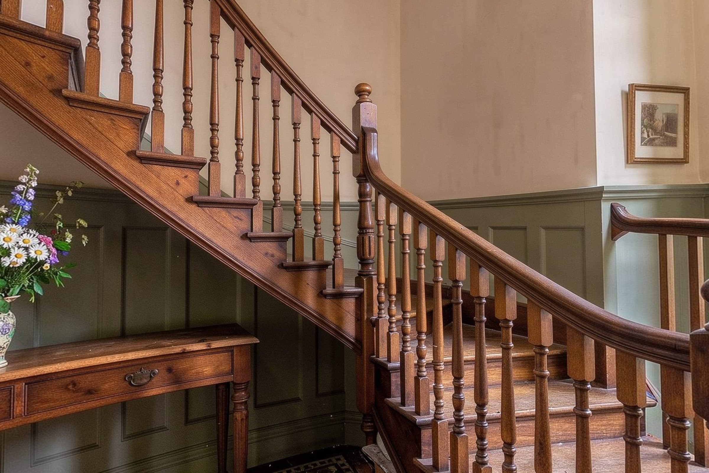 Entrance hall with original oak staircase and encaustic tiled floor