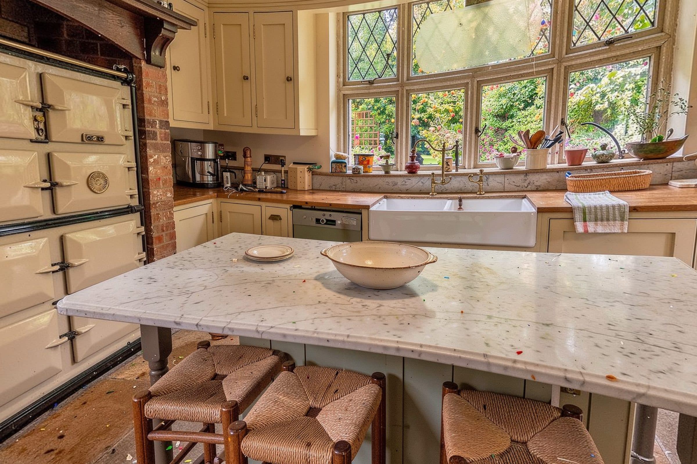 Kitchen with cream shaker units, island and flagstone floor