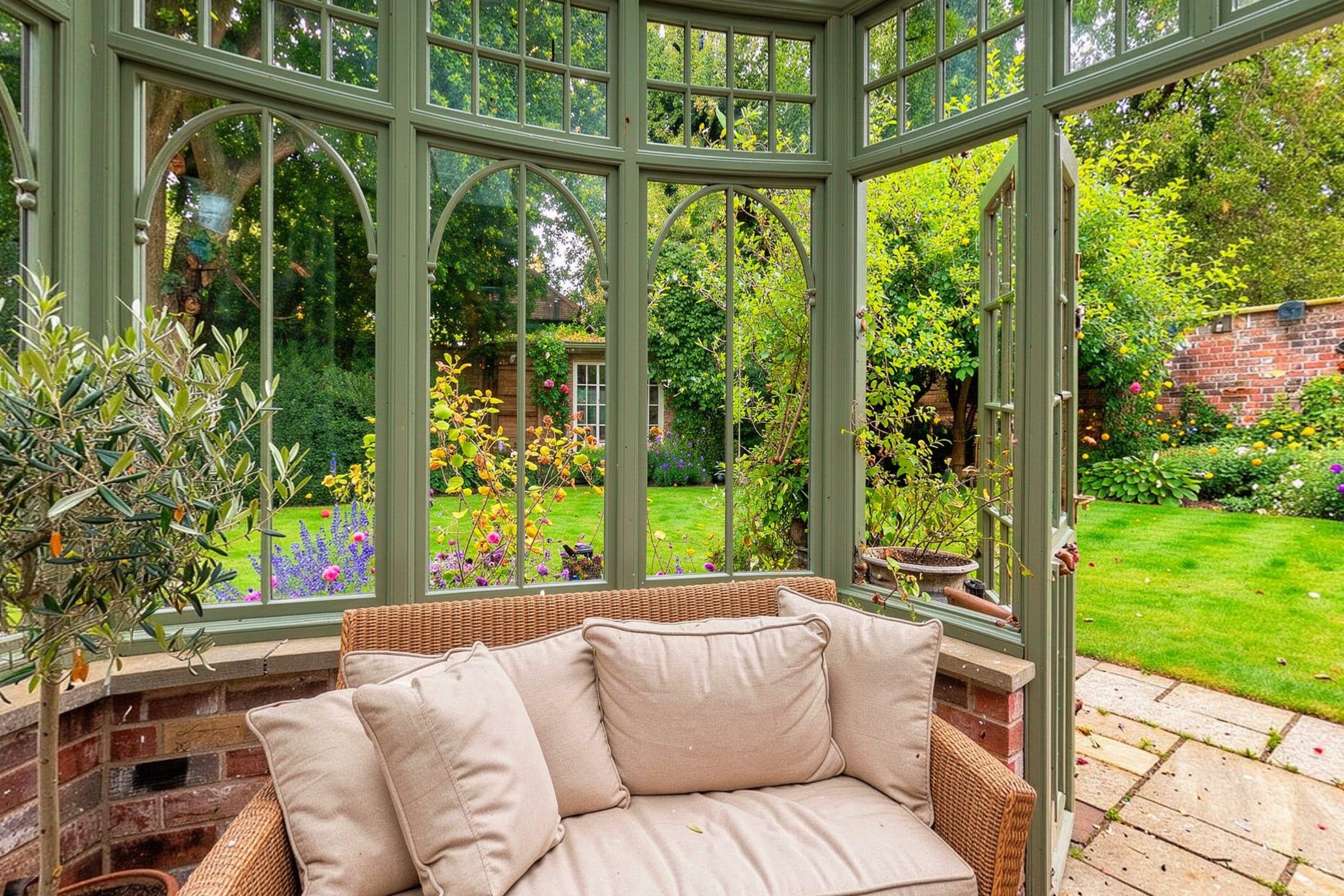 Oak-framed orangery opening onto the terrace